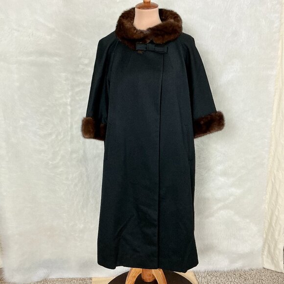 Vintage 50s 60s Forstmann Joseph Magnin Black Wool Fur Collar Cuff Swing Coat S - Picture 1 of 10